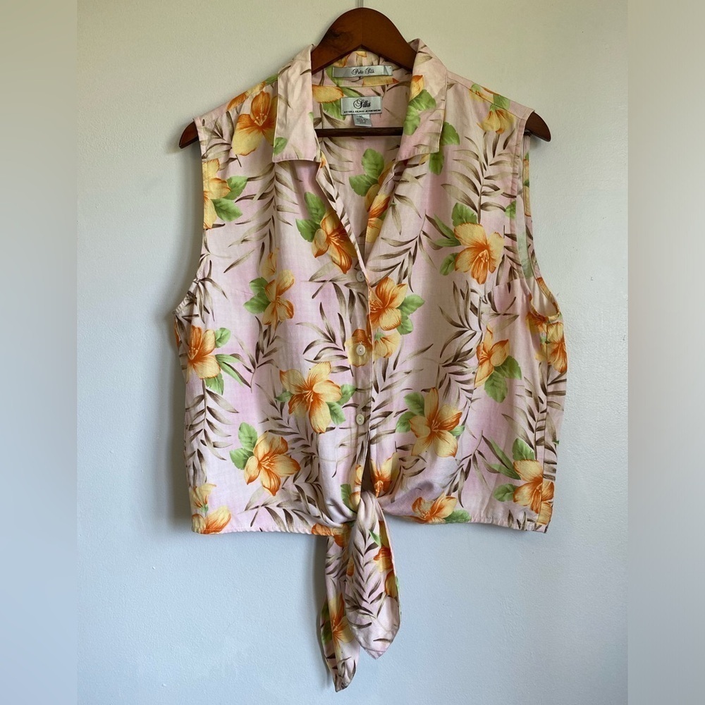100% Pure Silk Hawaiian Floral Tie Crop Top Vintage Silks by Bill Blass Size XL